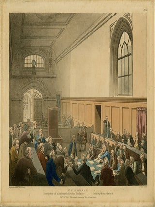 Guildhall, Court of King's Bench; Examination of a Barkrupt before his Creditors; Microcosm of London, Plate 042