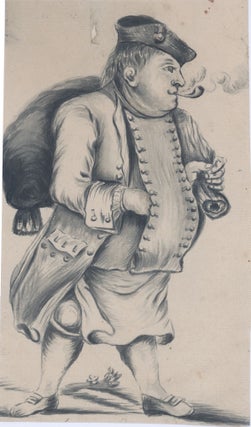 105 Seaman in petticoat breeches and slops, smoking a pipe, carrying a carpetbag. 18th century...