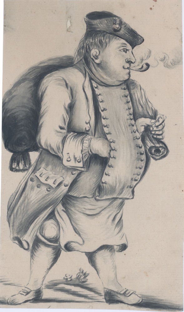 105 Seaman in petticoat breeches and slops, smoking a pipe, carrying a carpetbag. 18th century English School.