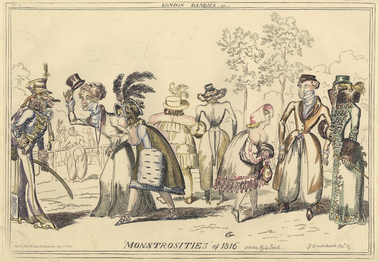 108 London Dandies-or- Monstrosities of 1816, Scene, Hyde Park, from Monstrosities. George Cruikshank.