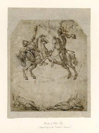 Mythological combat scene with Roman soldiers on horseback.
