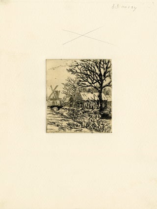 Snowy village with a windmill