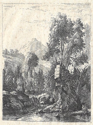 1387 Two men standing ankle-deep in a body of water with a rocky outcrop behind them, to the left...