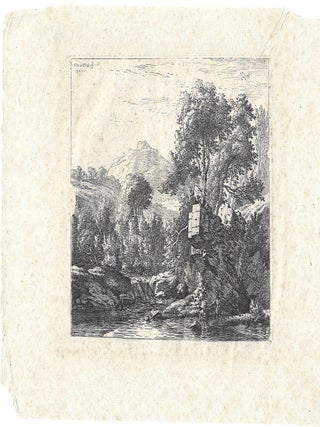 Two men standing ankle-deep in a body of water with a rocky outcrop behind them, to the left a rocky bank, trees and a hilltop beyond