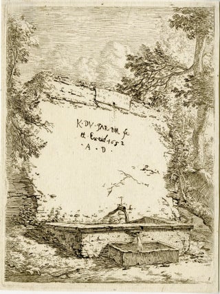1398 Frontispiece with stepped fountain; a stone wall with water spout pouring water into a...