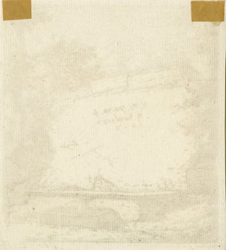 Frontispiece with stepped fountain; a stone wall with water spout pouring water into a rectilinear basin, from which a second spout pours water into a smaller rectilinear basin, flanked by tree branches.