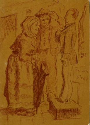 1402 Rural couple examining a traveling carnival display featuring a costumed figure. 19th...