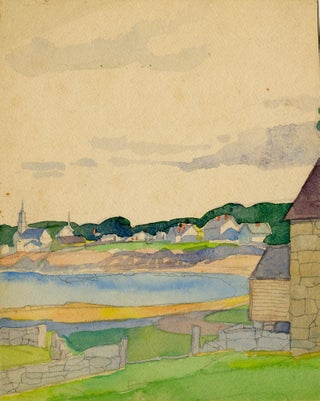 1415 Chapel and houses along a lake; New England landscape. 19th century American School