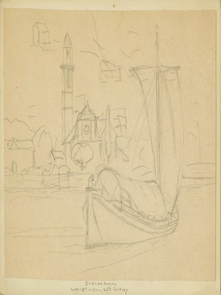 1416 Canal boat with a belfry in the background, Brouges. 19th century English School