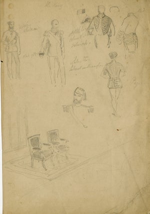 1426 Costume study of a throne room, a King, a Page, and a Royal Moplah wearing a fez. English...