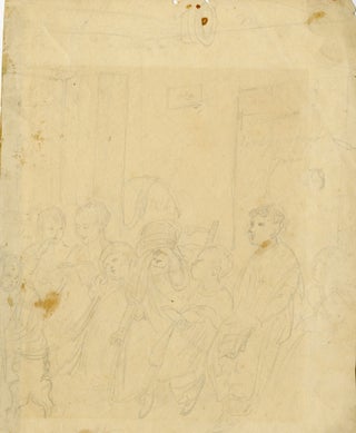 Kitchen scene with children assembled and reading to their tutor