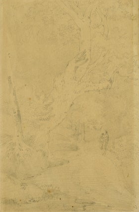 1432 Woodland scene with a great oak and a couple strolling in the distance; Cumberland. mid 19th...