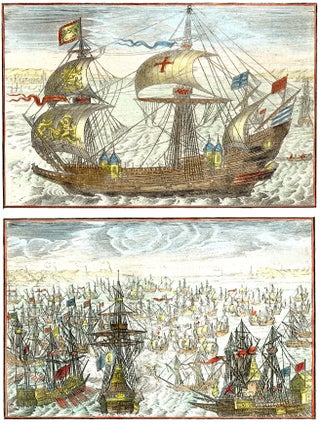 1603 Two naval images depicting 17th century warships flying various flags, including the...