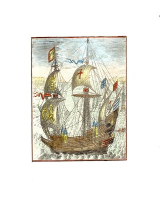 Two naval images depicting 17th century warships flying various flags, including the Plantagenet Lions and St. George's Cross. (2)