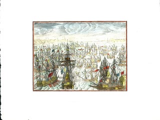 Two naval images depicting 17th century warships flying various flags, including the Plantagenet Lions and St. George's Cross. (2)