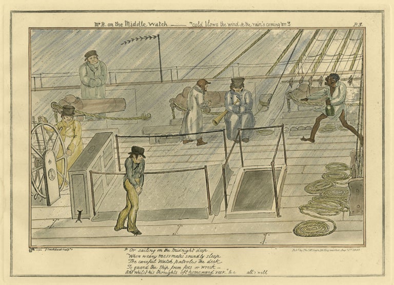 167 Mr. B. on the Middle Watch- "cold blows the wind & the rain's coming on."; From, The Progress of a Midshipman, Exemplified in the Career of Master Blockhead 1860 (plate 3). George Cruikshank.
