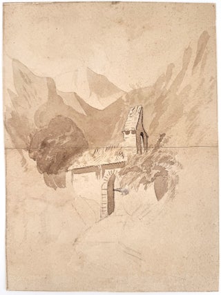 2148 Stone mill ruins and bell-cote in a mountain valley. 19th century English School