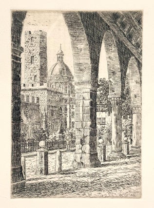 2334 Castle courtyard landscape with a domed building and a statue of an angel. Pieter Aandewiel