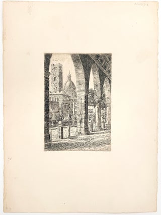 Castle courtyard landscape with a domed building and a statue of an angel.