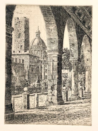 2335 Castle courtyard landscape with a domed building and a statue of an angel. Pieter Aandewiel