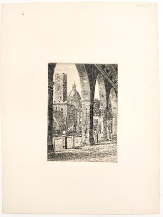 Castle courtyard landscape with a domed building and a statue of an angel.