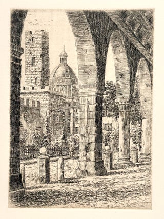 2336 Castle courtyard landscape with a domed building and a statue of an angel. Pieter Aandewiel