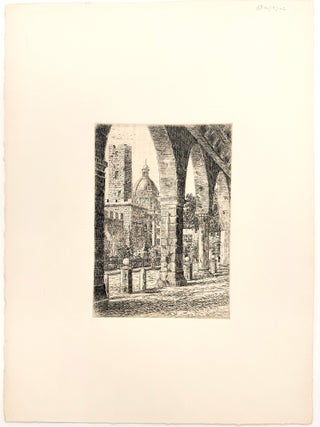 Castle courtyard landscape with a domed building and a statue of an angel.