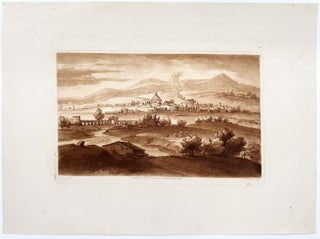 Antique view of Rome with an aqueduct spanning the Tiber