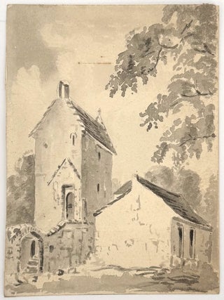 2512 A fortified tower and peel tower among some agricultural ruins. 19th century English School
