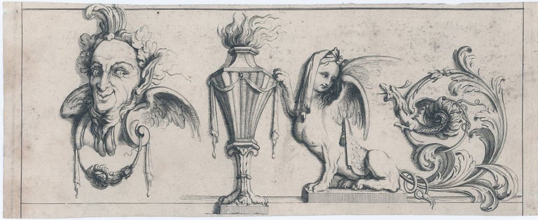 285 A study of whimsical architectural elements, including a Satyr's head, a Torch, a Winged Sphinx, and Sea Monster. 17th century Italian School.