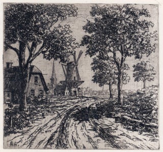 396 Dutch road with thatched cottage and windmill. Peter Aandewiel