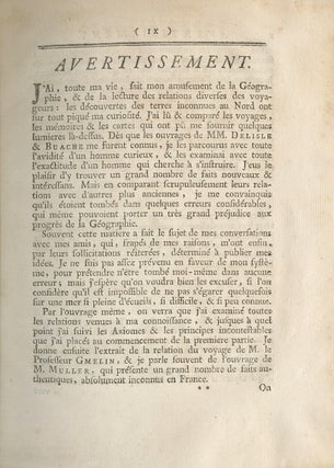Mémoires et Observations Géographiques et Critiques sur la Situation des Pays Septentrionaux de l’Asie et del'Amérique d'après les relations les plus récentes; Auxquelles on a joint un Essai sur la route aux Indes par le Nord, & sur un Commerce très vaste & très riche a établir dans la mer du Sud