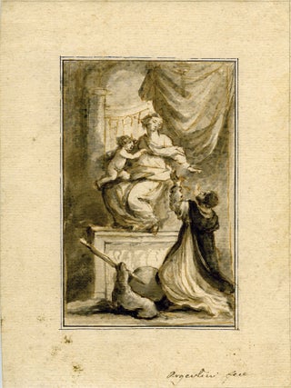 880 Neoclassical composition of a sculptor kneeling before his statue of the Madonna and Child as...