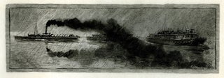 887 Steam tug towing vessels into harbor during a storm. 19th century American School