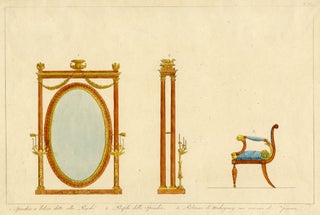 937 Designs for a Reniassance style mirror and arm chair with a feathered cushion. late 18th...