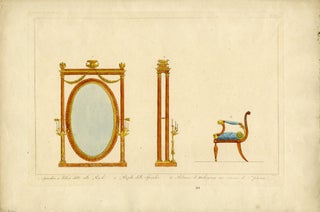 Designs for a Reniassance style mirror and arm chair with a feathered cushion.
